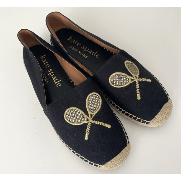 Kate Spade Doubles Tennis Racket Embroidered Canvas Espadrille Flat Black Gold 9 - Picture 2 of 8